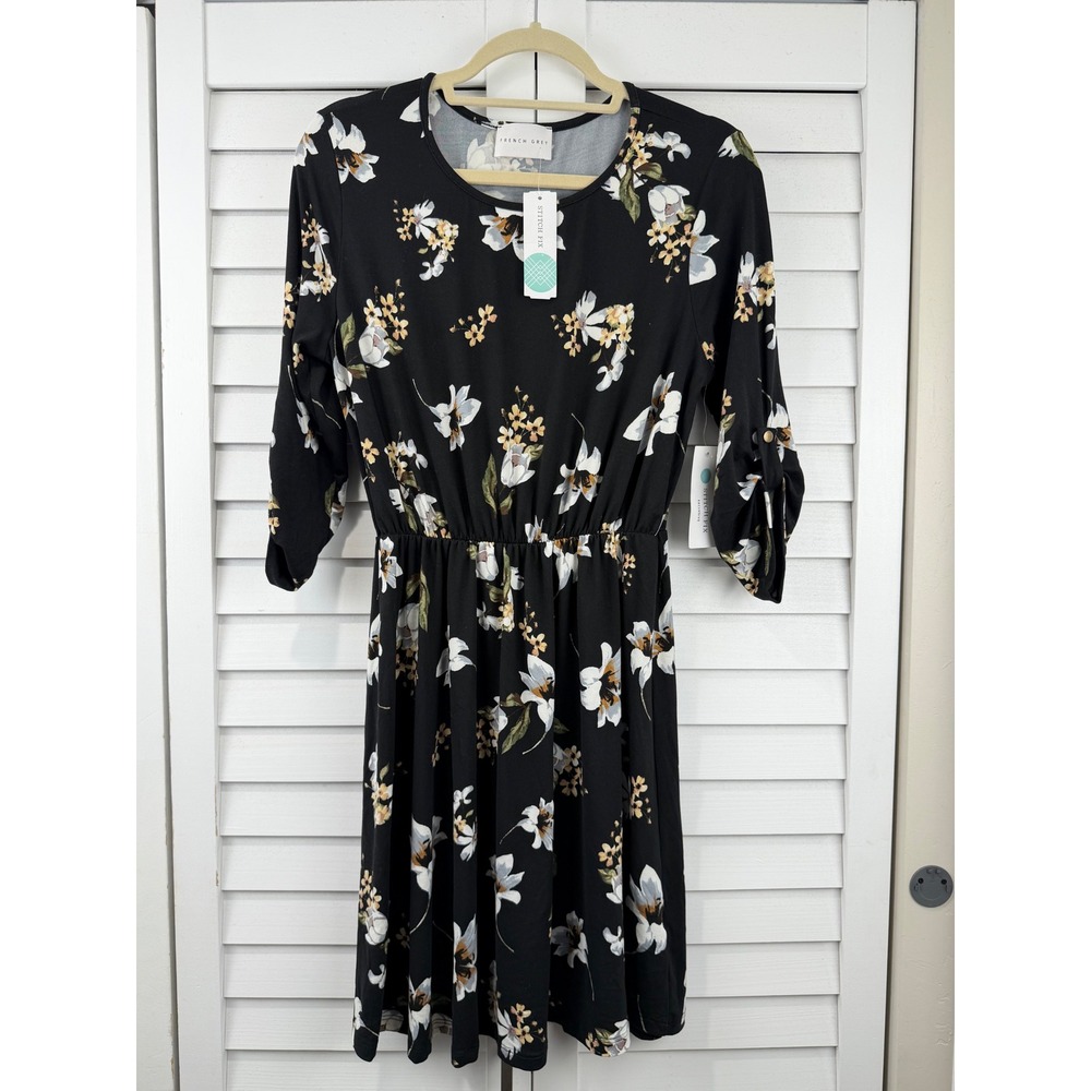 French Grey Knit Dress XL Black Floral Roll Tab Sleeve Brushed NEW